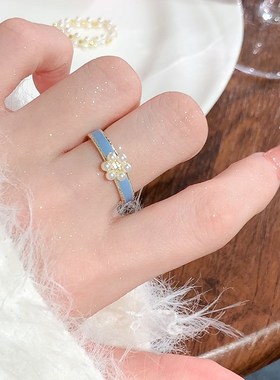 蓝色滴胶珍珠戒指女小众设计开口食指戒指女时尚个性法式尾戒指环
