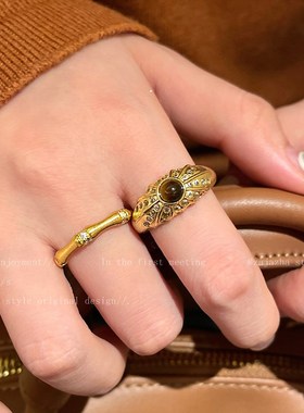 金色虎眼石开口戒指女轻奢高级感复古食指戒小众设计闺蜜百搭指环