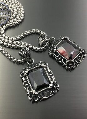 欧美复古方形黑红锆石钛钢吊坠项链个性男女潮流时尚朋克配饰品