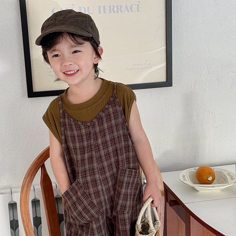 暮晨家新款夏装2024男童格子上衣背带裤宝宝洋气森系连体衣七分裤,淘宝优惠券,粉丝福利购,淘宝优惠卷