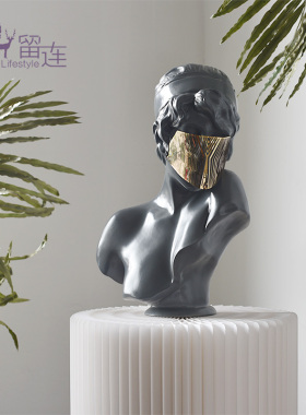 金属面罩灰色女孩树脂雕像雕塑客厅家居北欧艺术软装饰品轻奢摆件