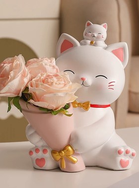 可爱捧花招财猫摆件客厅轻奢高档电视柜桌面装饰品生日礼物送女生