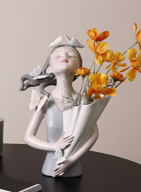 轻奢捧花女孩摆件风客厅电视柜干花插花树脂工艺品送女生礼物