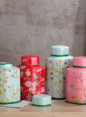 美式乡村花鸟装饰陶瓷罐摆件家居饰品软装客厅电视柜玄关摆设圆罐