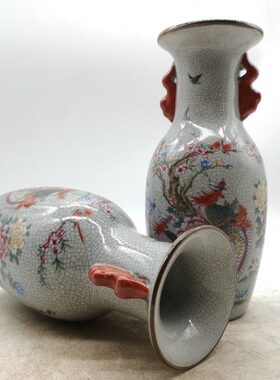 清乾隆开片粉彩花鸟富贵图双耳花瓶仿古瓷器古玩家居吉祥招财摆件
