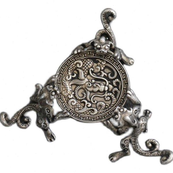 中式古典收藏小器书房摆件装饰纯铜鎏银螭龙三脚烛台茶玩盖置茶托,淘宝优惠券,粉丝福利购,淘宝优惠卷