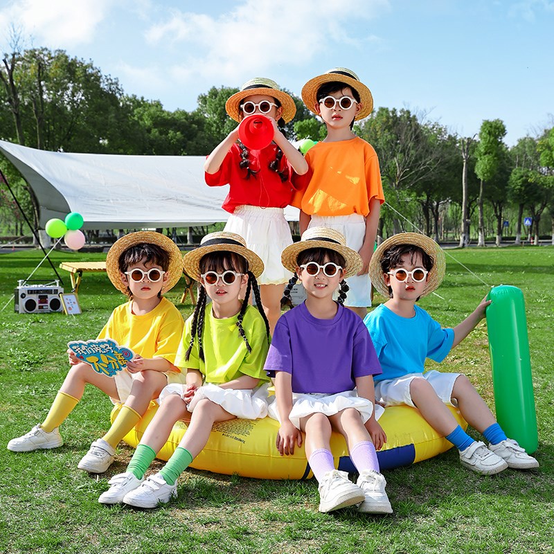 六一儿童节演出服彩色T恤小学生啦啦队表演服幼儿园毕业套装男女 - 图0