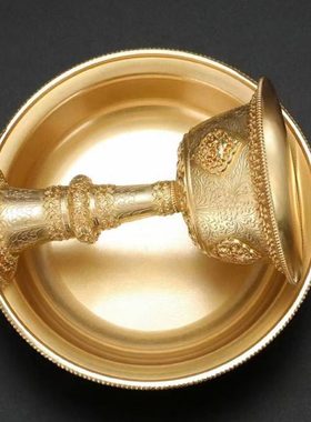 西藏护法杯铜居家摆件八吉祥浮雕图案糖果盘护法杯超大号18cm