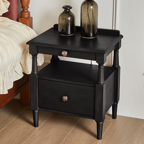 恒沃 床头柜小型法式复古卧室家用黑色白蜡木实木美式床边收纳柜 - 图0