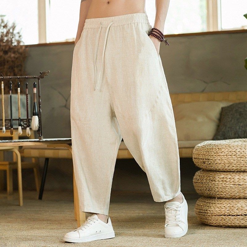 100%纯亚麻中国风轻薄透气阔腿哈伦裤男裤子夏季宽松九分休闲长裤,淘宝优惠券,粉丝福利购,淘宝优惠卷