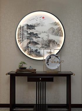 迎客松新中式入户玄关装饰画圆形带灯画进门画中国风挂画客厅壁灯