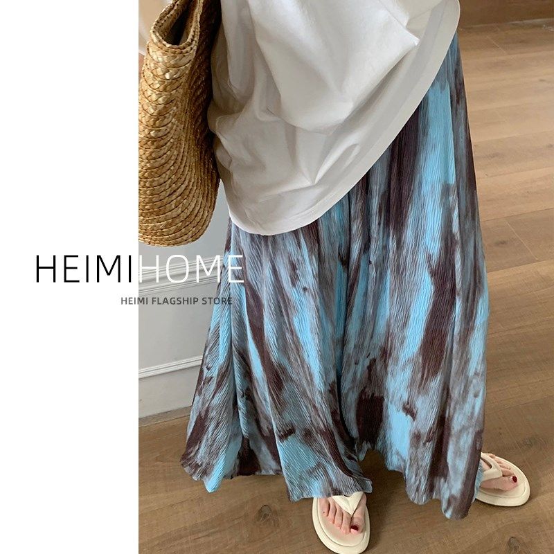 复古扎染半身裙女夏薄款水墨画褶皱A字长裙垂坠感中长款大摆伞裙,淘宝优惠券,粉丝福利购,淘宝优惠卷