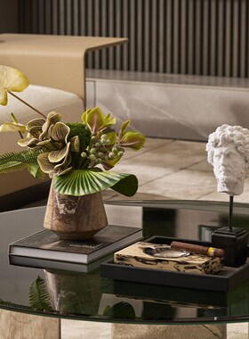 意式轻奢风客厅茶几大理石花瓶石材花器绒花花束摆件客厅插花摆台