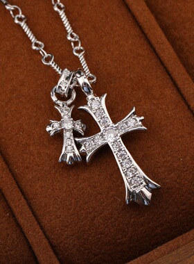 克罗伈十字架双吊项链颈链欧美情侣彩钻男女吊坠饰品复古铜