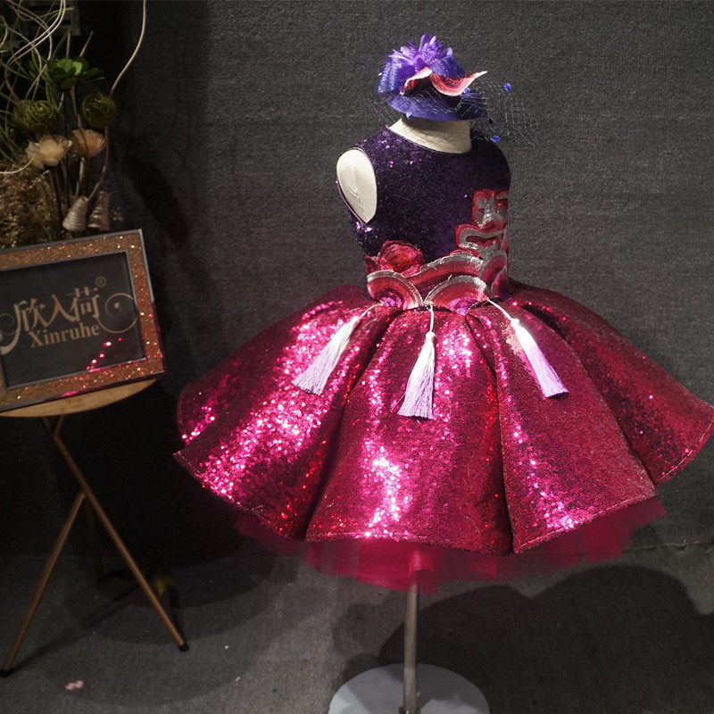 儿童紫色渐变短款蓬蓬裙女童主持中国风合唱走秀演出服,淘宝优惠券,粉丝福利购,淘宝优惠卷