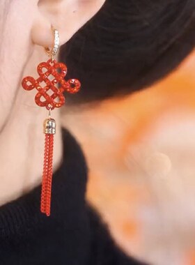 中国风红色中国结流苏耳环气质长款耳坠小众设计过年喜庆新娘耳饰