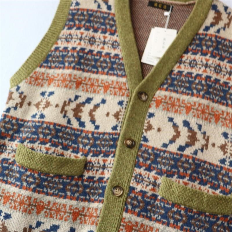 秋冬新款男装复古民族风保暖V领条纹单排扣针织马甲羊毛背心厚,淘宝优惠券,粉丝福利购,淘宝优惠卷
