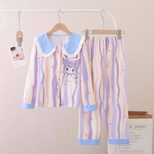 日系春秋儿童睡衣女童装洋气可爱娃娃领长袖家居服套装中大童同款 - 图1