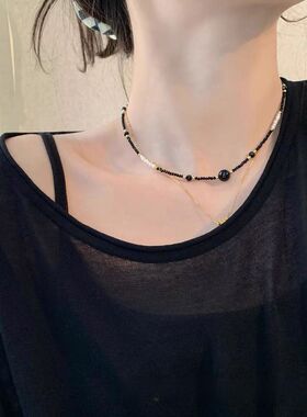天然淡水珍珠黑玛瑙气质项链叠戴轻奢小众设计高级感水晶锁骨链女