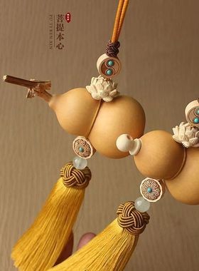 葫芦挂件化解煞气家居挂件墙上家居开口葫芦天然葫芦黄杨木雕莲花