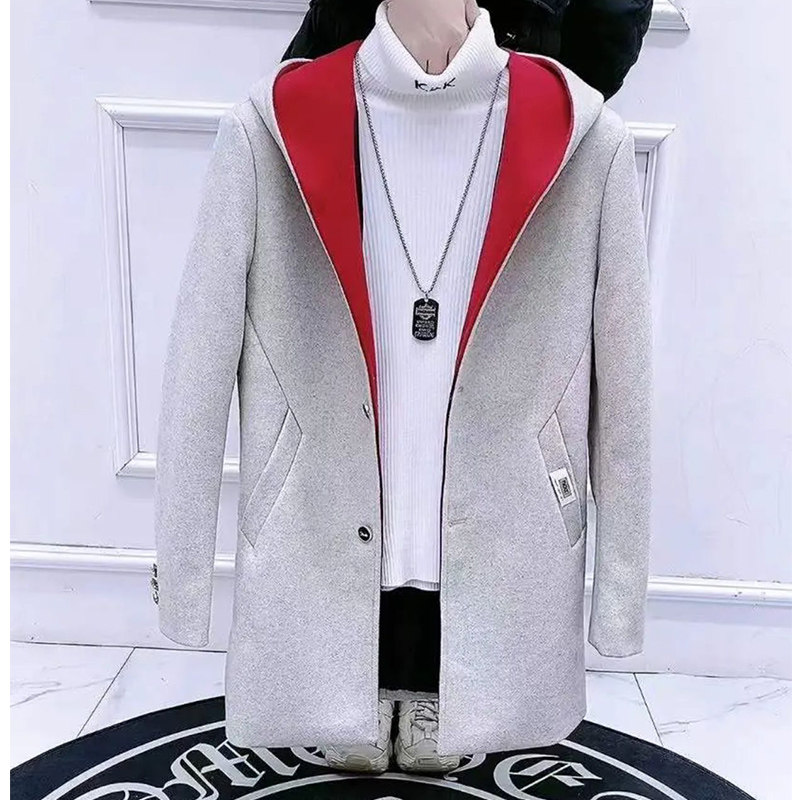 2023 New Winter Jacket Men's Windbreaker Korean Style Trendy Versatile Internet Celebrity Hooded Mid-Length Woolen Coat for Men