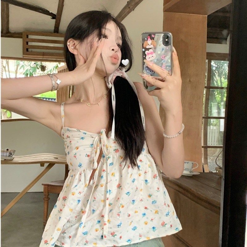 法式甜美小清新碎花吊带小背心女春秋2024新款纯欲减龄娃娃衫上衣,淘宝优惠券,粉丝福利购,淘宝优惠卷