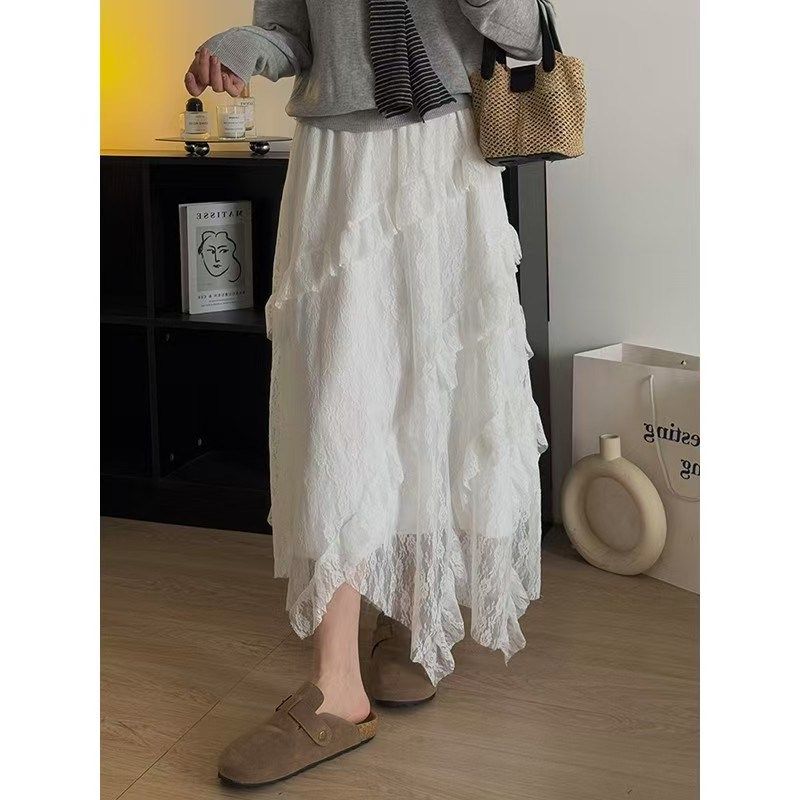 白色蕾丝网纱半身裙女长款拼接斜纹大码胖mm显瘦仙女A字蛋糕裙子,淘宝优惠券,粉丝福利购,淘宝优惠卷