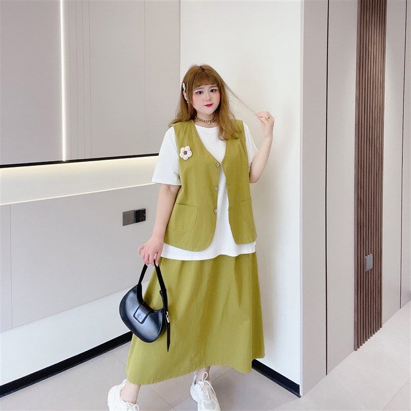 260斤胖妹小清新复古设计感宽松加肥小众时髦马甲外搭半身裙套装,淘宝优惠券,粉丝福利购,淘宝优惠卷