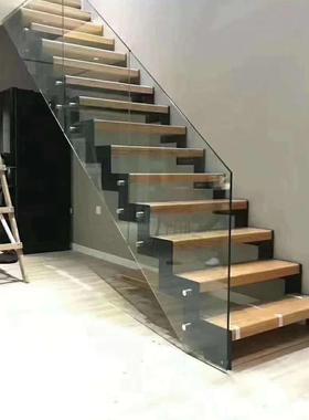 别墅叠踏梯双梁玻璃楼梯室内别墅阁楼复式楼梯组装式钢木楼梯