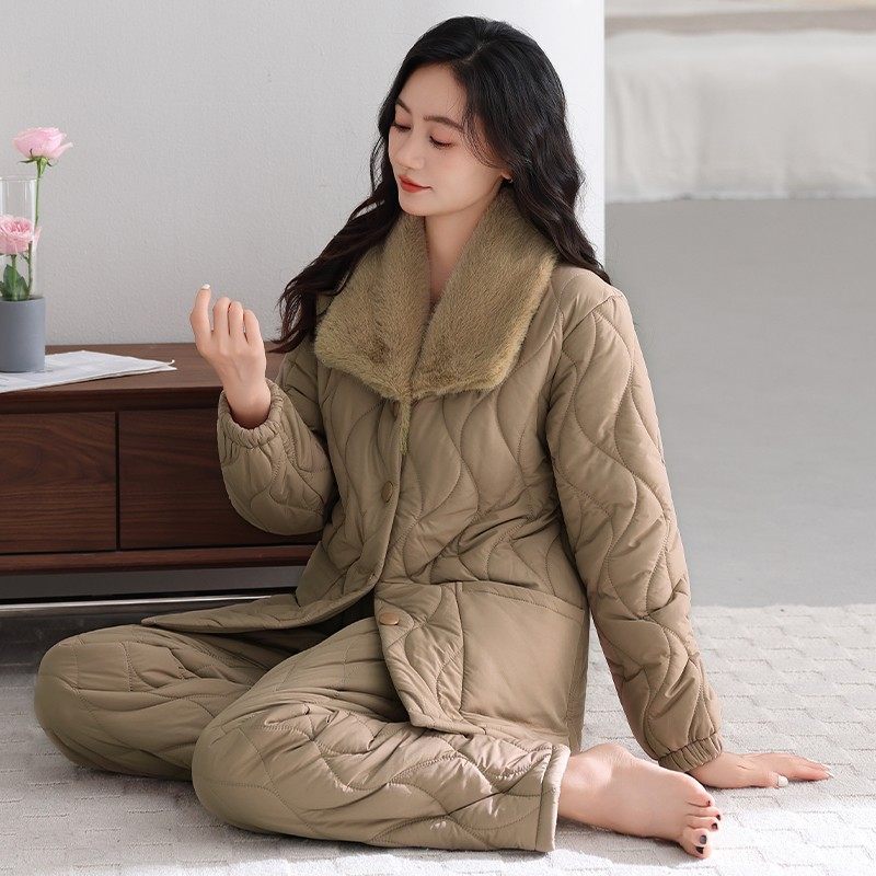 睡衣女款2025新款冬季三层加厚羽绒夹棉冬天珊瑚绒加绒保暖家居服,淘宝优惠券,粉丝福利购,淘宝优惠卷