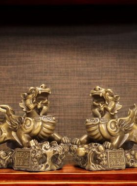 纯铜招财纳福貔貅一对黄铜皮丘家居办公室玄关吧台装饰礼品摆件