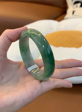 【带证】【1327人收藏】缅甸翡翠冰种6A油青飘花玉正圈手镯玉石老