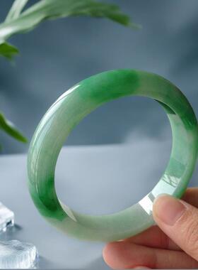 【带证】阳绿飘花冰种翡翠玉镯女缅甸老坑天然冰糯种带双证玉