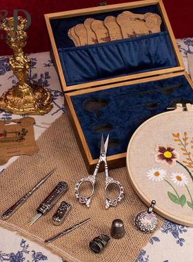 新款复古实木针线盒套装高档多功能缝纫工具收纳盒古典缝补工具