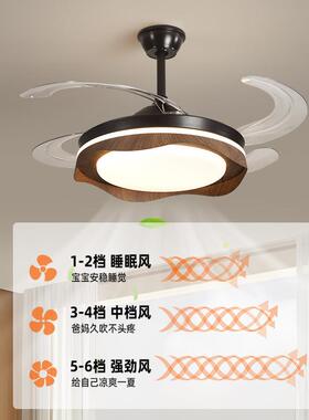全光谱护眼风扇灯美式复古胡桃木纹餐厅中古风卧室书房隐形吊扇灯