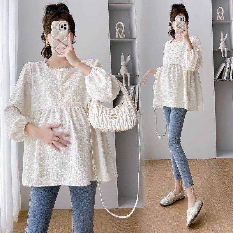 孕妇套装2024新款春秋时尚宽松显瘦杏色娃娃衫上衣牛仔裤两件套女,淘宝优惠券,粉丝福利购,淘宝优惠卷