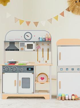 CE/CPC儿童木质仿真厨房过家家煮饭冰箱洗衣机烤箱男女孩玩具套装