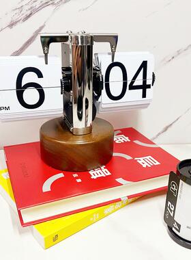 北欧木艺家用翻页钟桌面复古简约机械时钟创意数字座钟摆钟装饰品