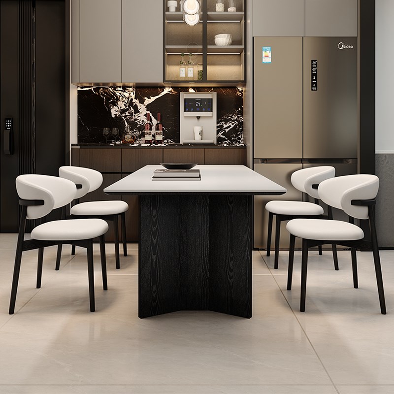 实木岩板餐桌g全托底板小户型家用长方形现代简约白色桌子椅子组 - 图3