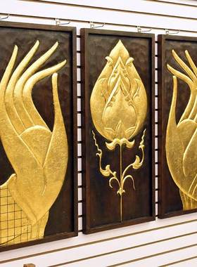 泰国实木家居壁挂东南亚木雕三拼柚木佛手莲花雕花板玄关背景壁饰