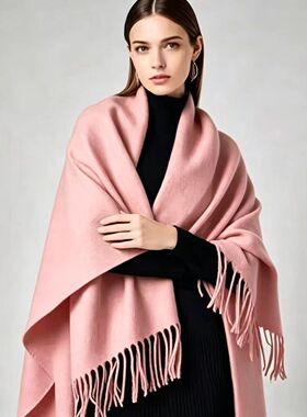 羊绒围巾女100纯羊绒黑色秋冬季双面披肩女外搭高档送礼logo定制