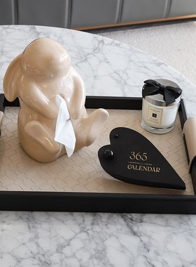 轻奢玄关收纳盘长方形木质黑色皮革茶盘香薰托盘X家用客厅摆件