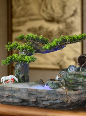 仿真迎客松山水盆景假山流水喷泉摆件玄关办公室循环水造景