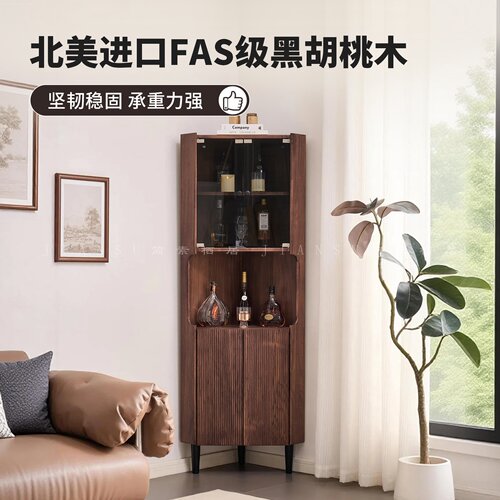 法式中古风黑胡桃木转角置物架客厅转角柜墙角柜全实木储物酒柜 - 图2