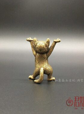 实心铜小猫摆件全铜小猫可爱站立举手小铜猫迷你小动物铜玩加菲猫