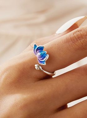 Retro Chinese Cloisonne Lotus Flower Ring For Women Punk Got