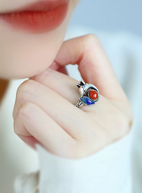 烧蓝小狐狸戒指女滴胶工艺复古做旧古风食指开口戒子指环国潮饰品