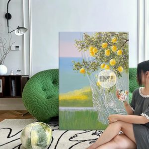 法式奶油风玄关装饰画客厅沙发柠檬树肌理手绘油画餐厅新中式挂画