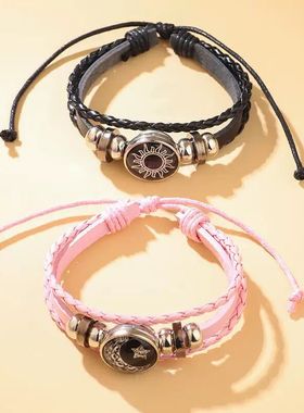 闺蜜感应手链日月恋人时光皮革手链复古朋克多层串珠编织手链情侣