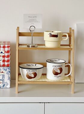 ins中古风藤编奶油色双层桌面置物架宿舍卧室办公厨房杯架整理架